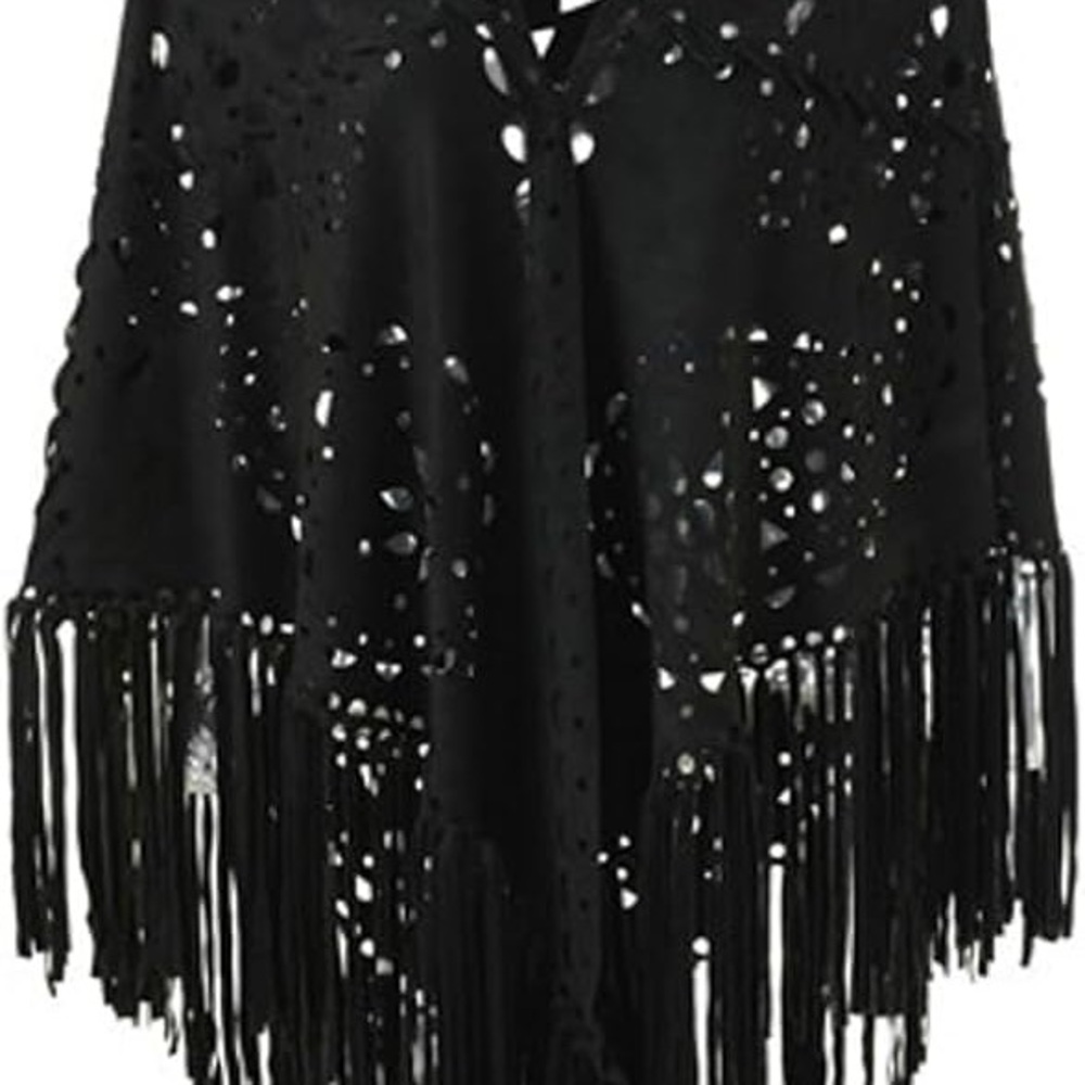 Women  Black Faux Suede Laser Cut   Poncho  Open Front Shawl Wrap Western One - Picture 2 of 12
